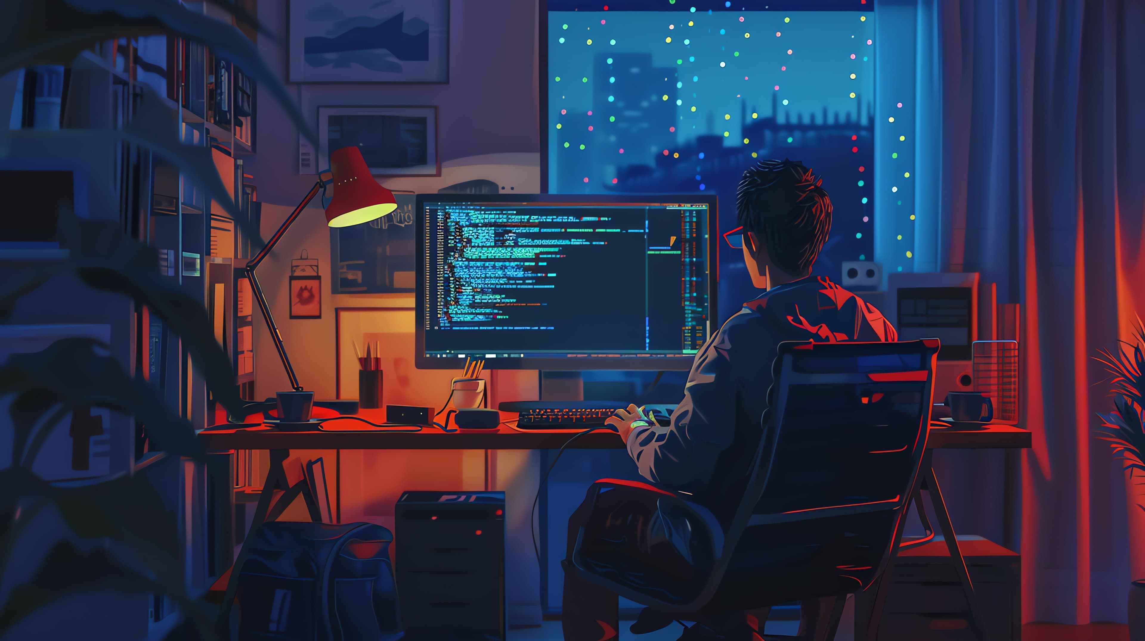 Developer working late at a desk, room dark except for the computer screen
